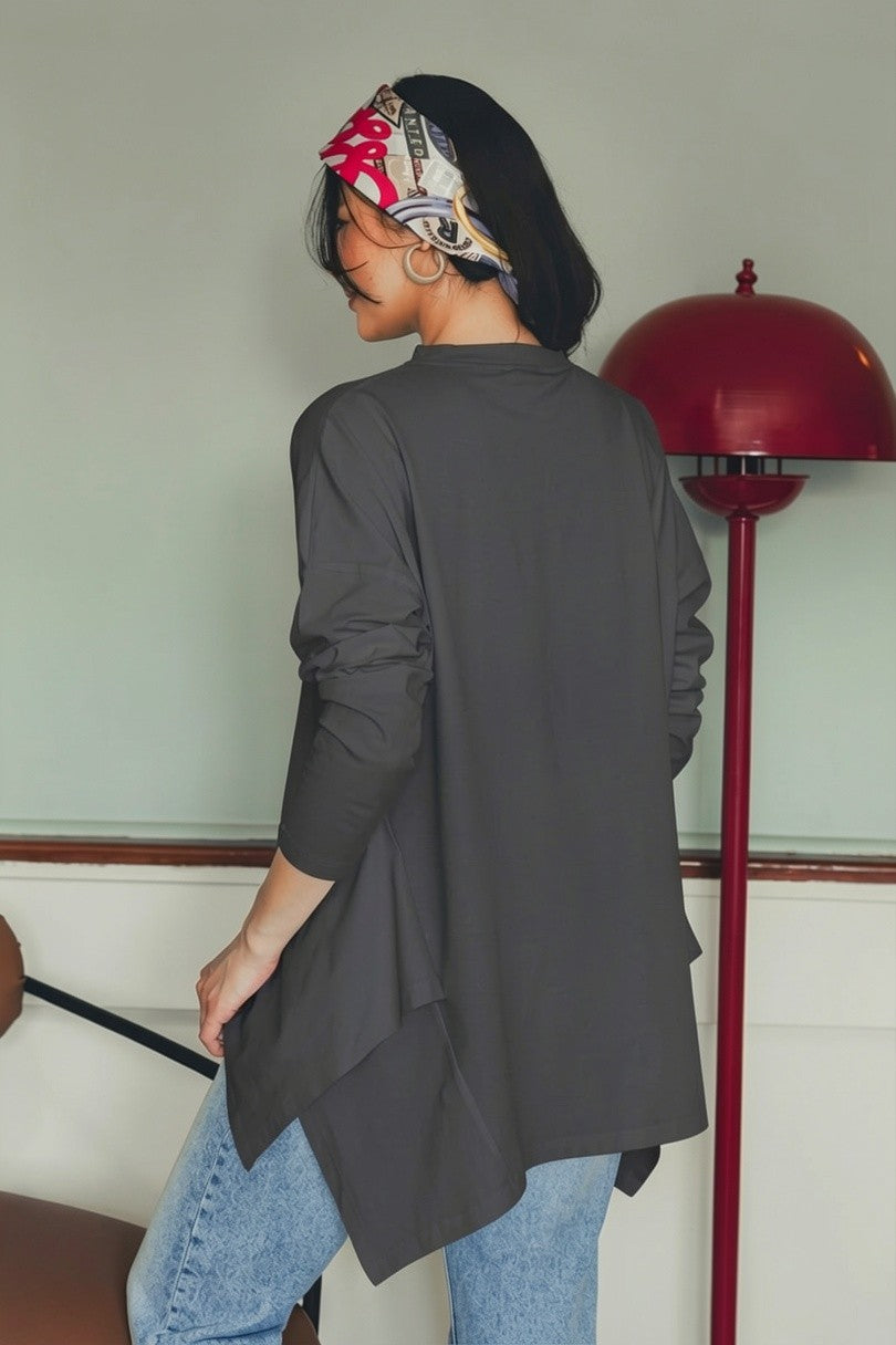 Asymmetric Long Sleeve T-shirt - Charcoal Grey