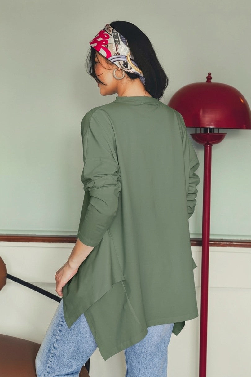 Asymmetric Long Sleeve T-shirt - Olive