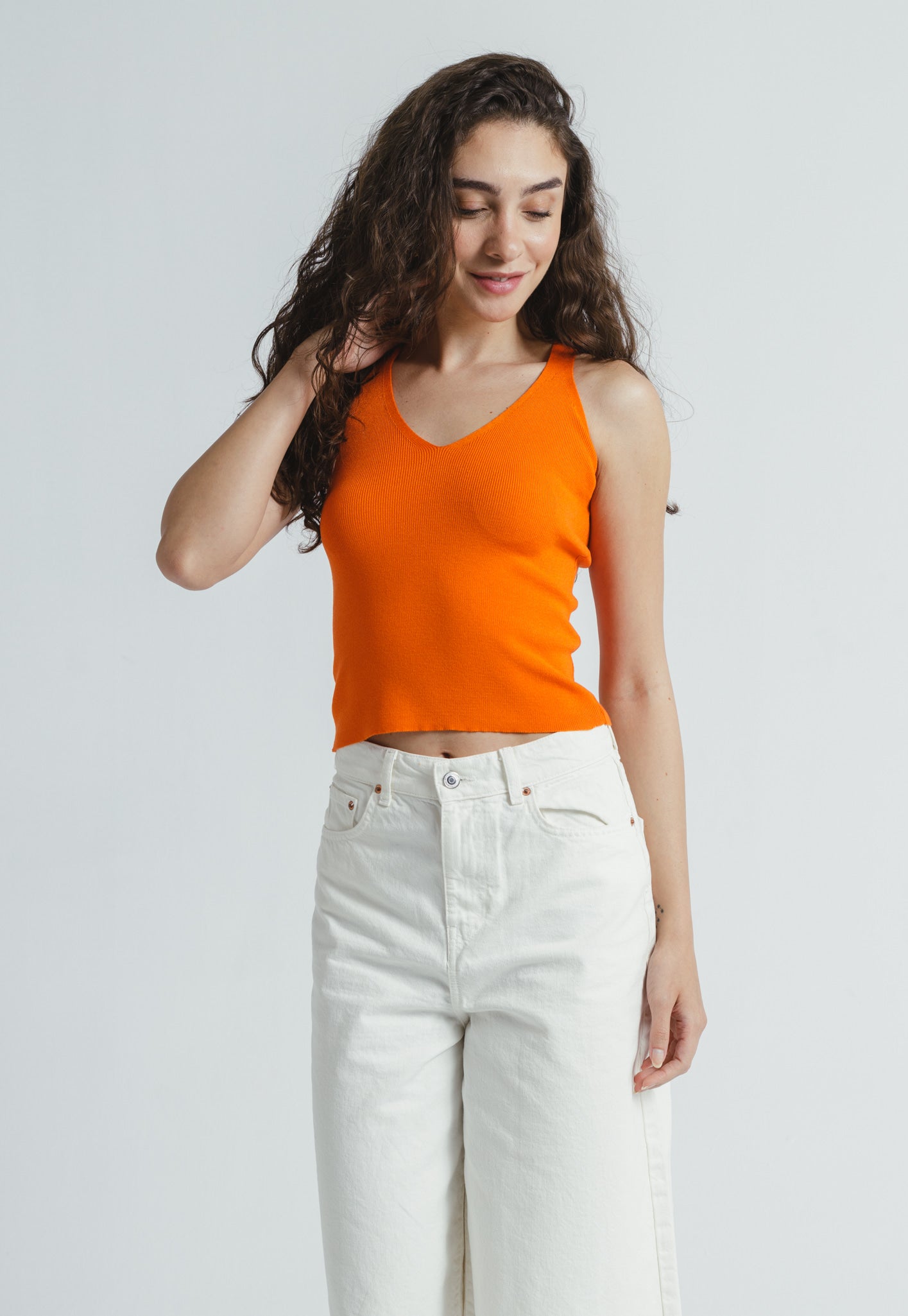 V Neck Knit Top - Orange