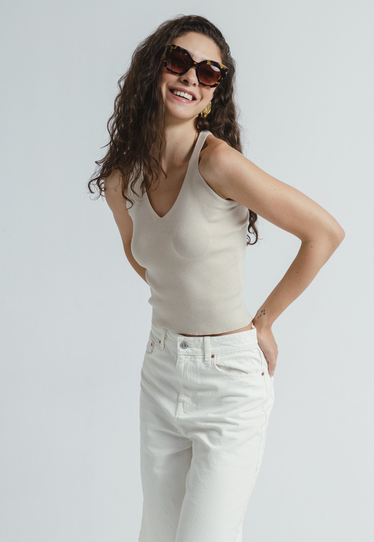 V Neck Knit Top - Beige