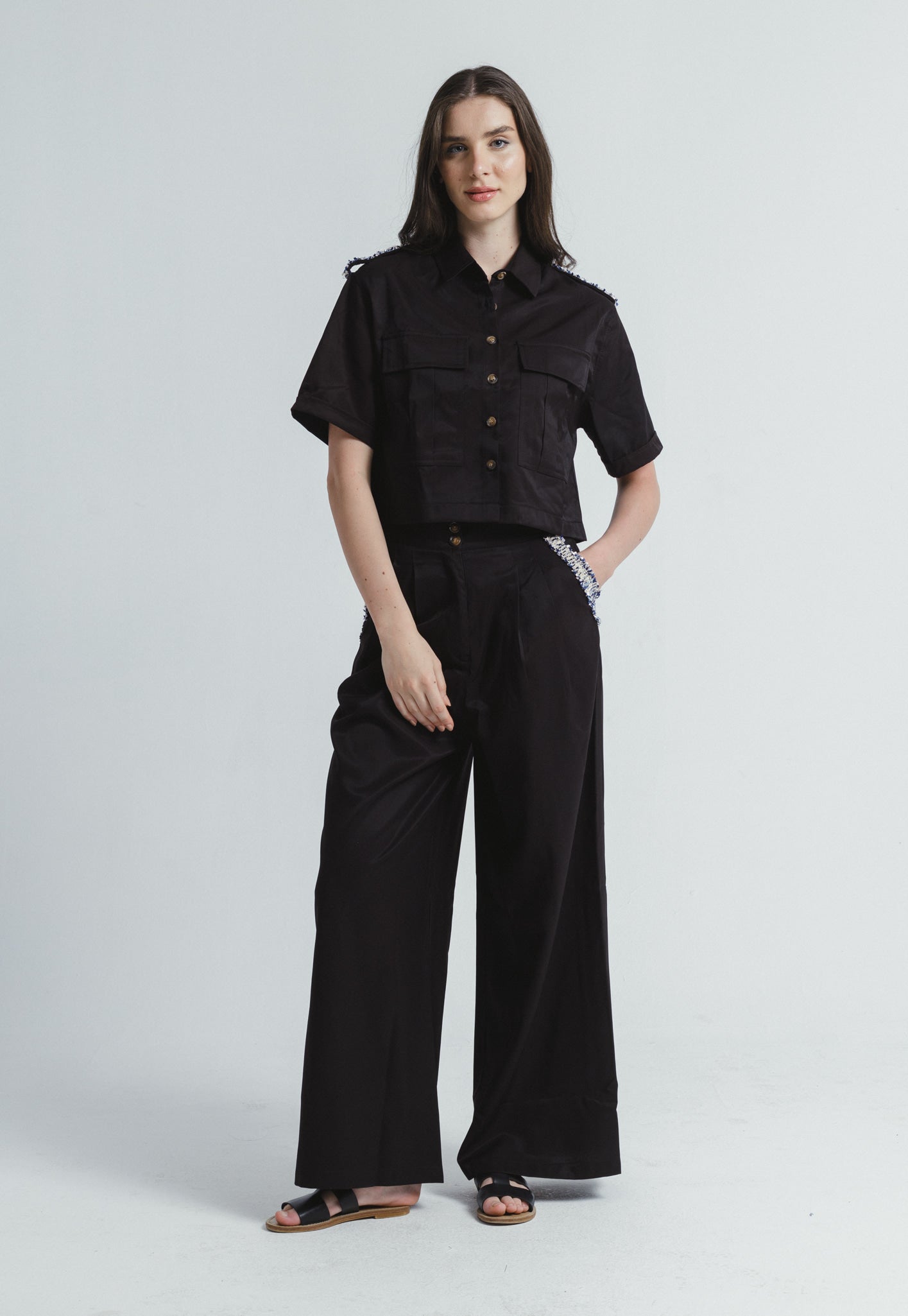 Tweed Trimmed Shirt - Black