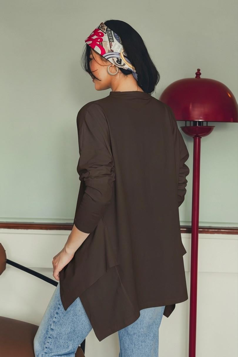 Long Sleeve Cotton T-shirt - Brown