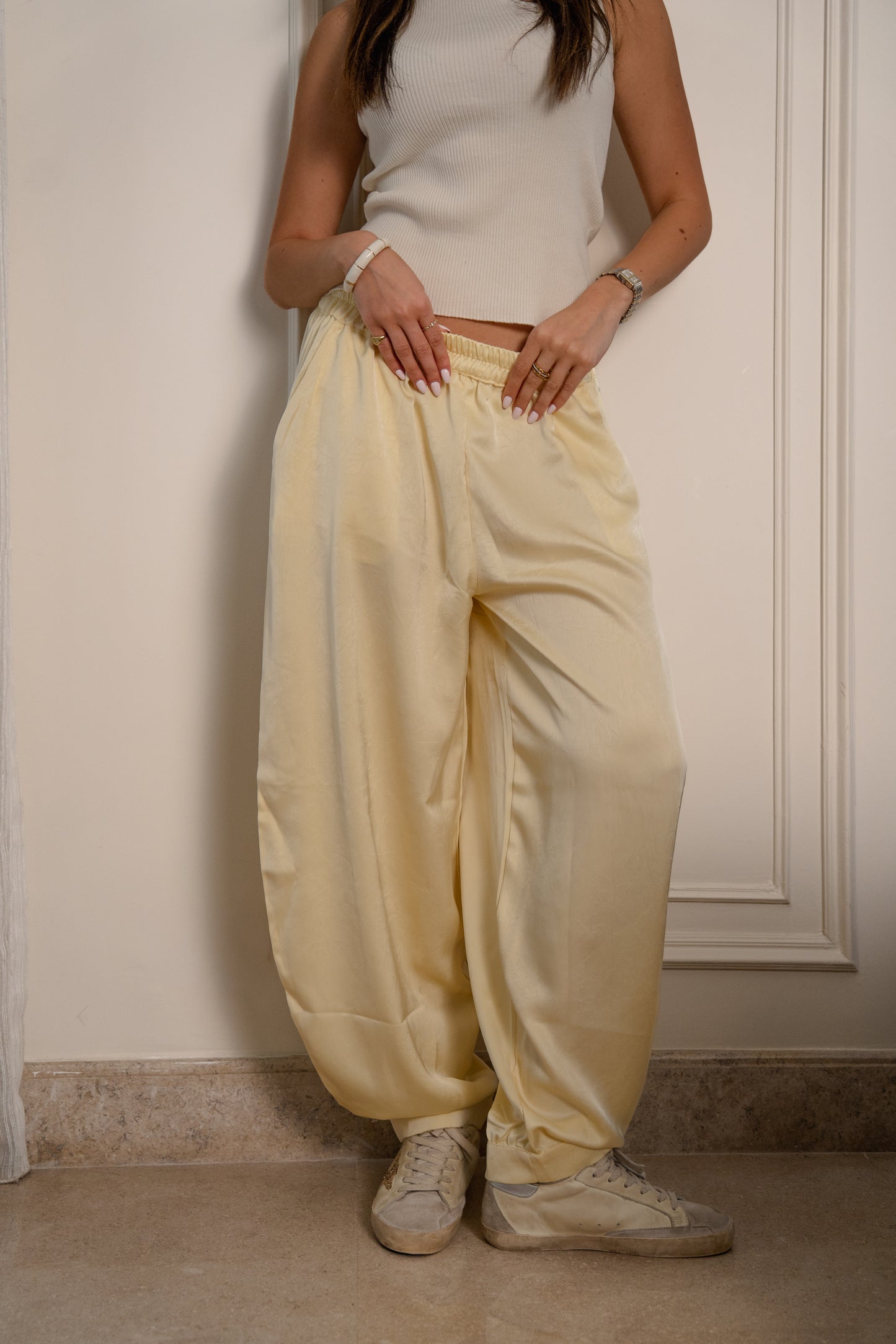 Crushed Satin Pants - Butter Yellow