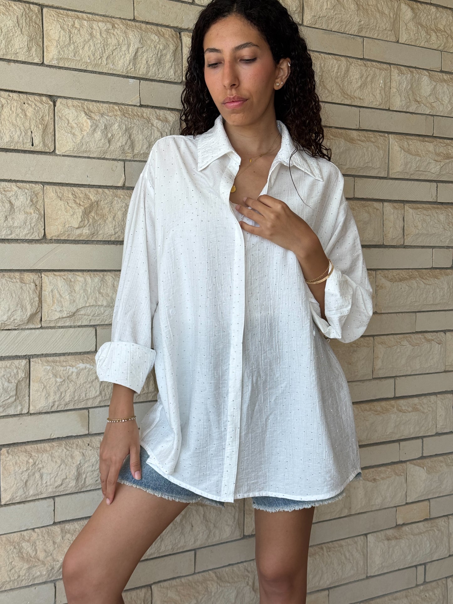 Studded Side Buttons Shirt - White