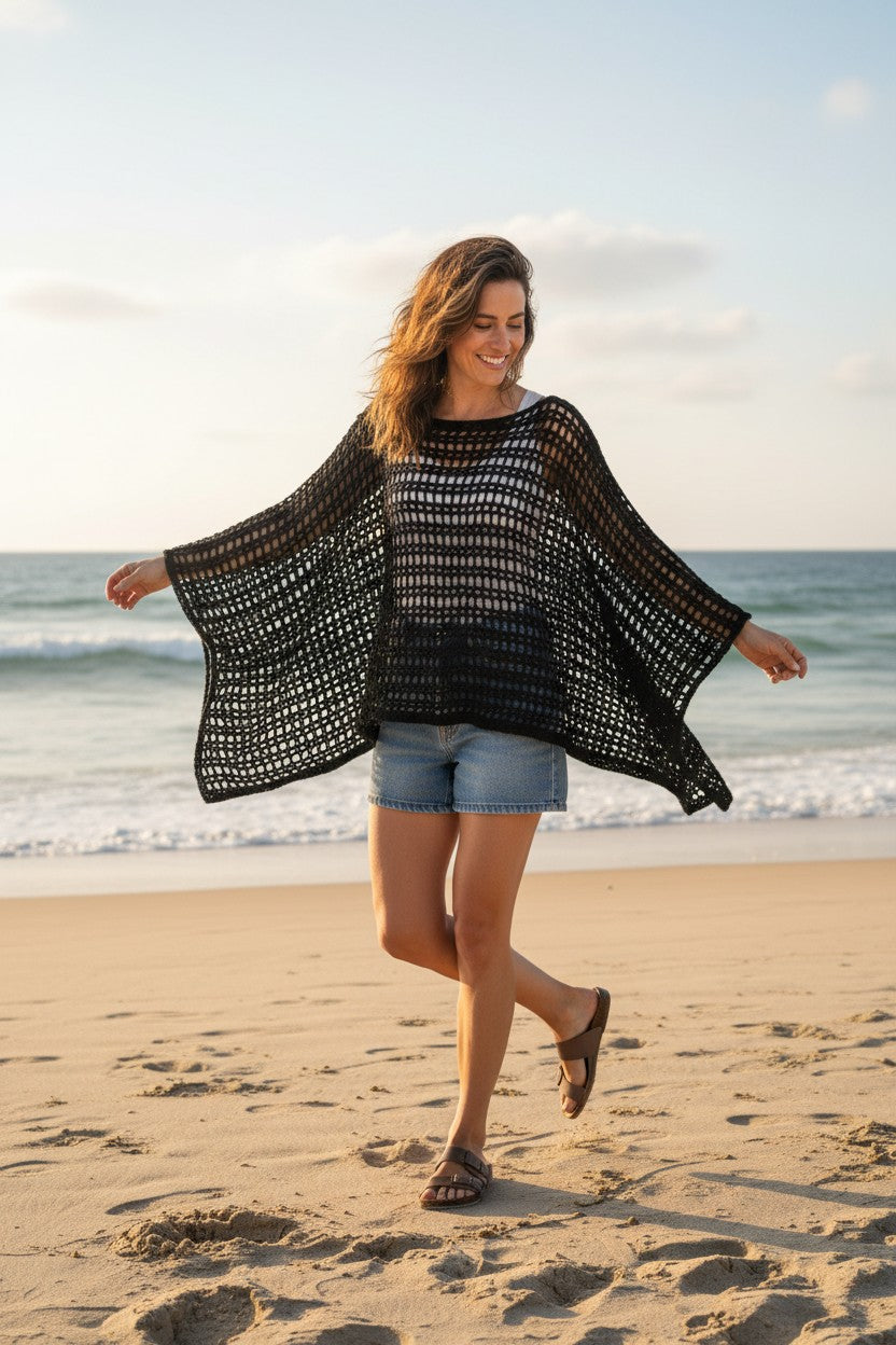 Summer Crochet Poncho - Black