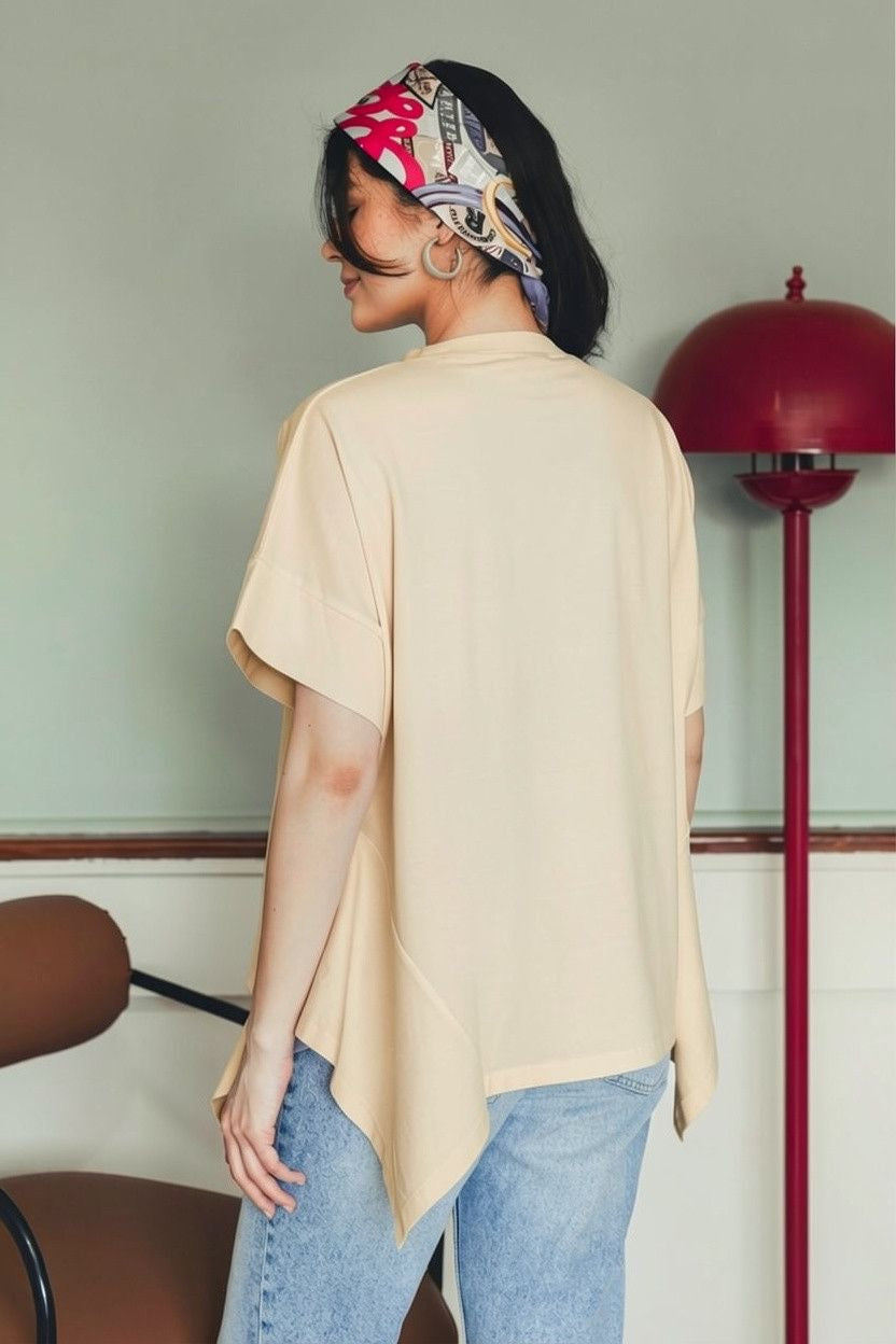 Asymmetric Cotton T-shirt -Beige