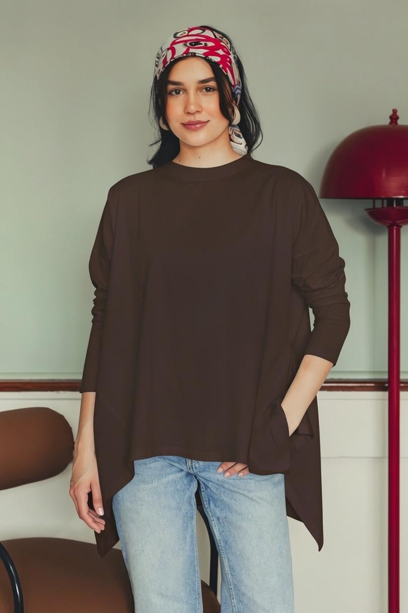 Long Sleeve Cotton T-shirt -Brown