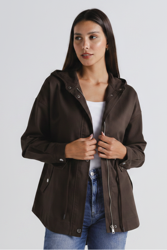 Utility Hooded Gabardine Jacket Brown