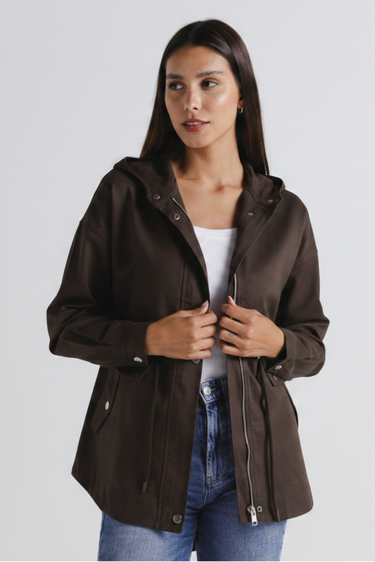 Utility Hooded Gabardine Jacket Brown