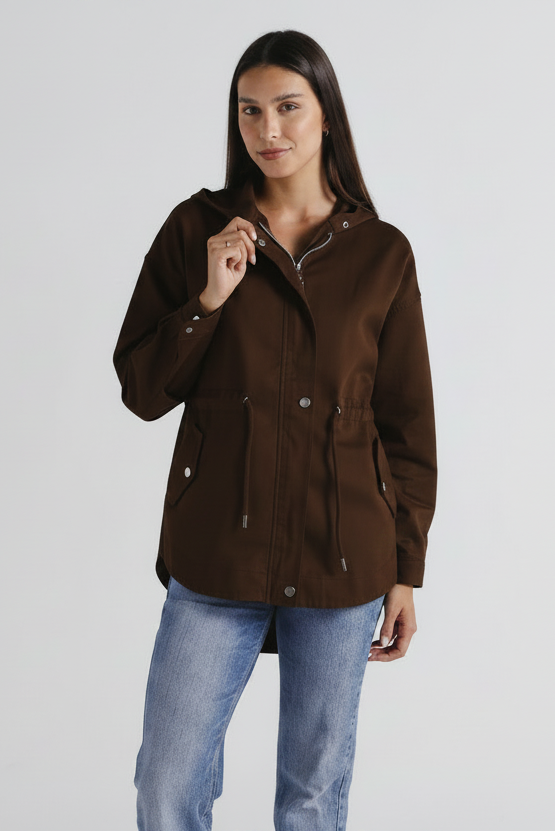 Utility Hooded Gabardine Jacket Brown