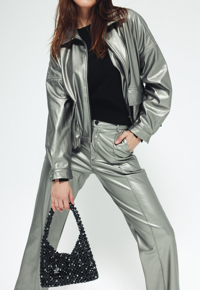 Straight Leather Pants - Silver