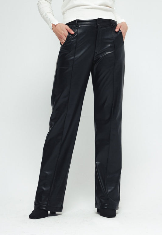 Straight Leather Pants - Black