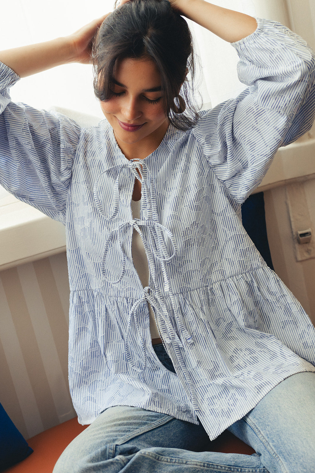 Lace Striped Shirt - Navy Blue