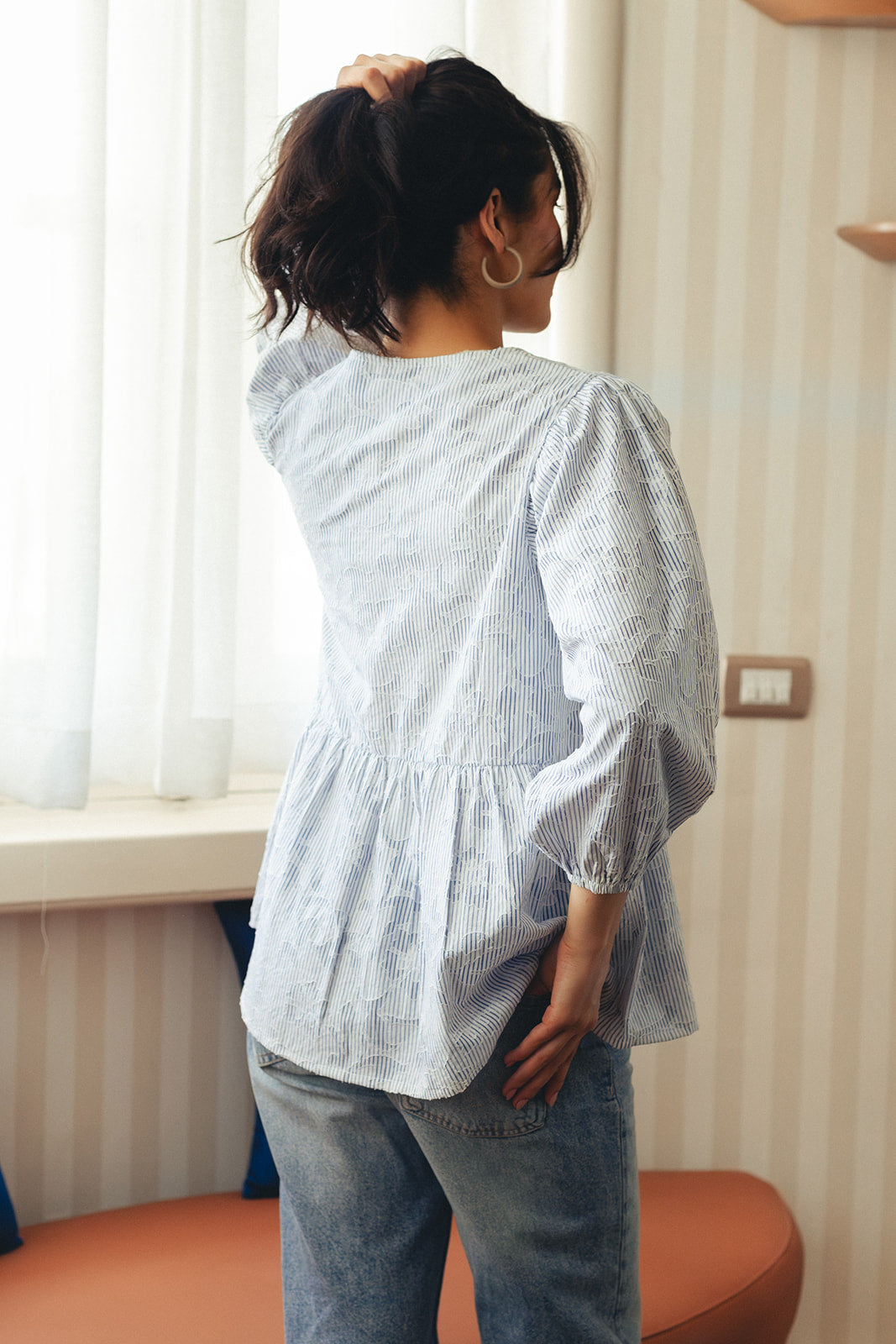Lace Striped Shirt - Navy Blue