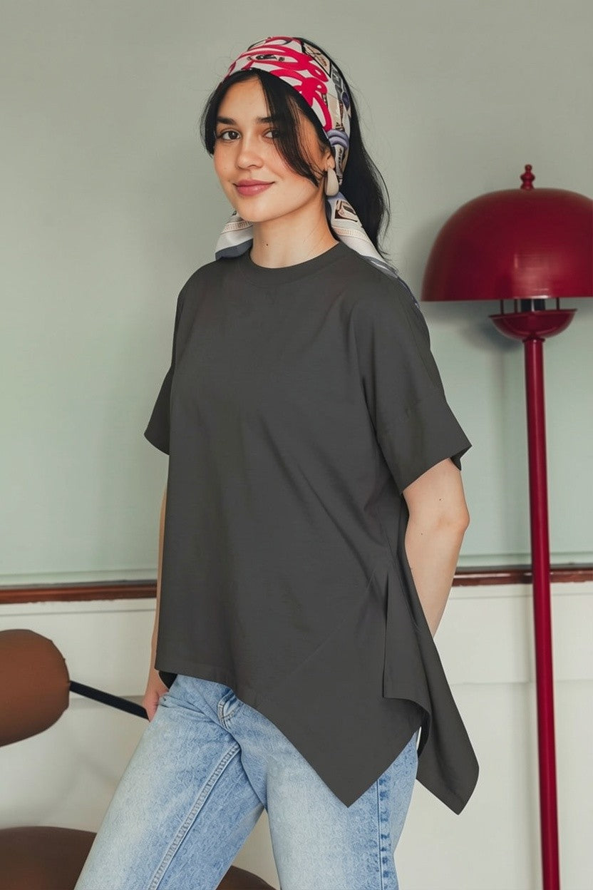 Asymmetric Cotton T-shirt - Charcoal Gray