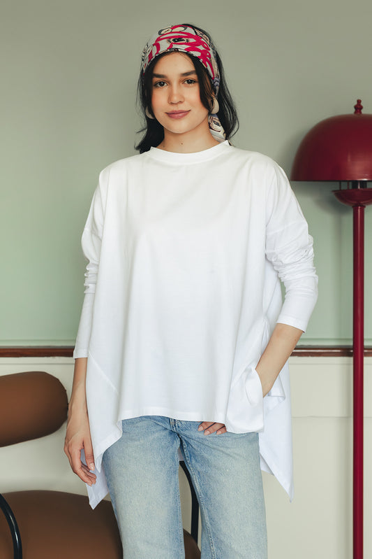 Asymmetric Long Sleeve T-shirt - White