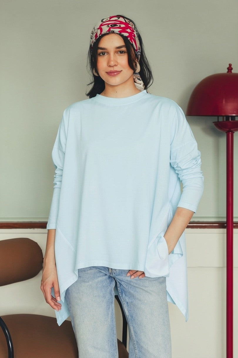 Asymmetric Long Sleeve T-shirt - Baby Blue