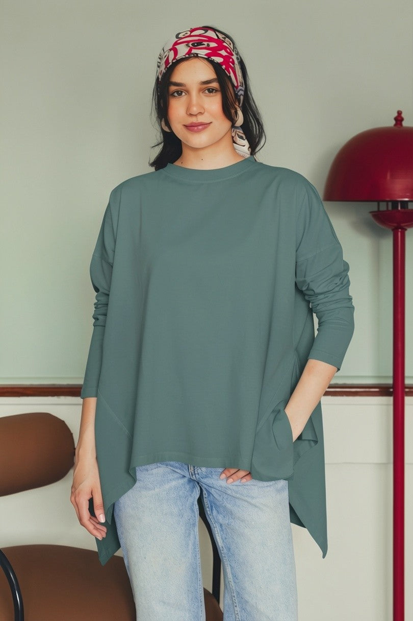 Asymmetric Long Sleeve T-shirt - Indigo