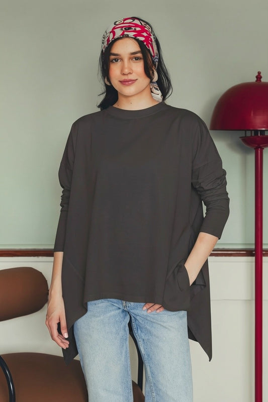 Asymmetric Long Sleeve T-shirt - Charcoal Grey