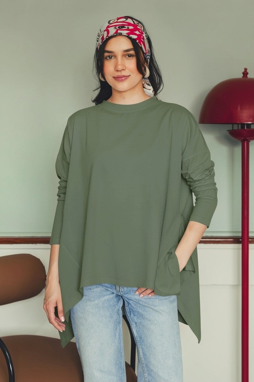 Asymmetric Long Sleeve T-shirt - Olive