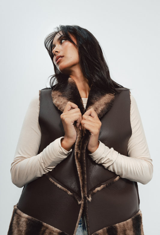Reversible Vest - Leather/ Fur - Brown