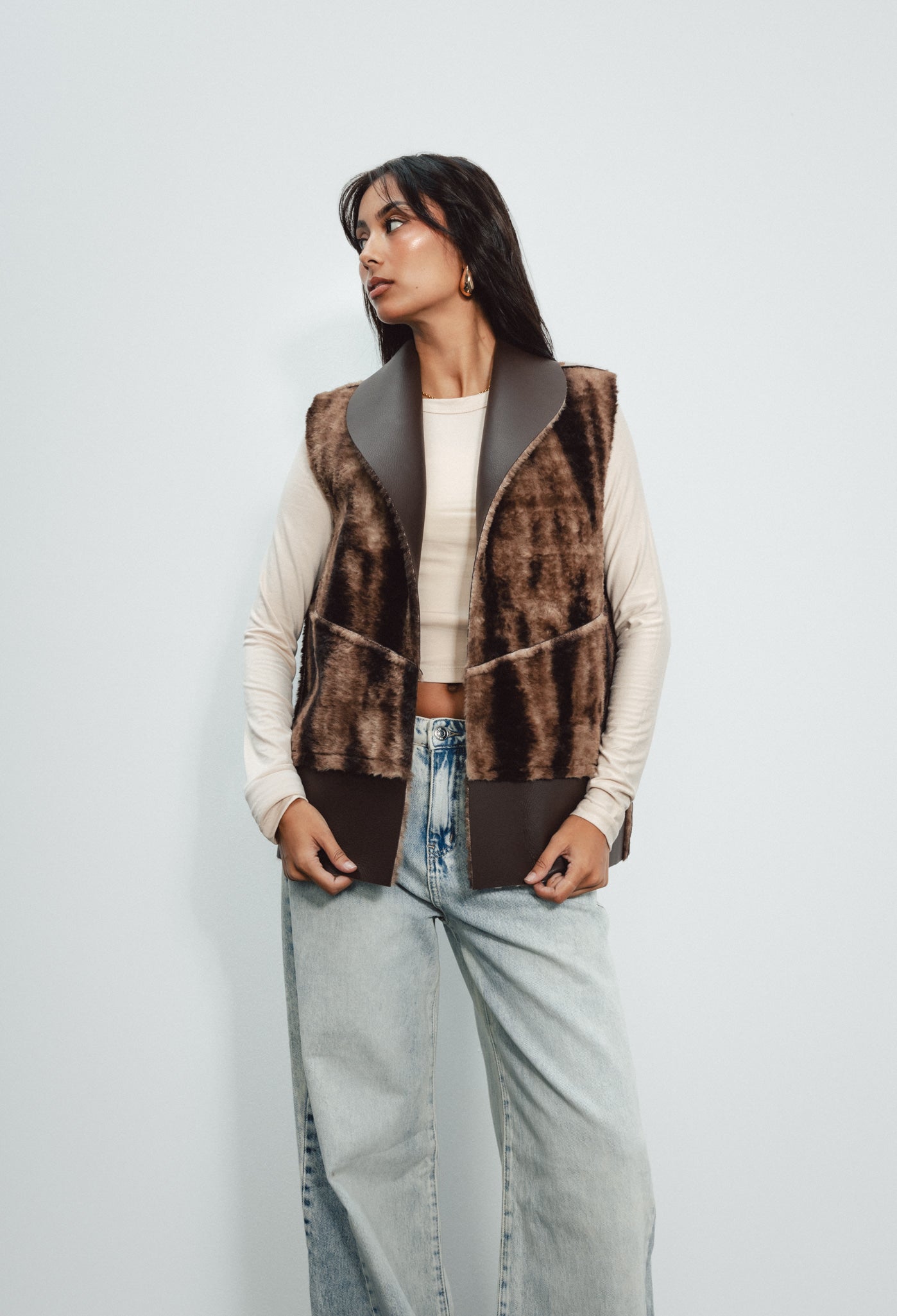 Reversible Vest - Leather/ Fur - Brown