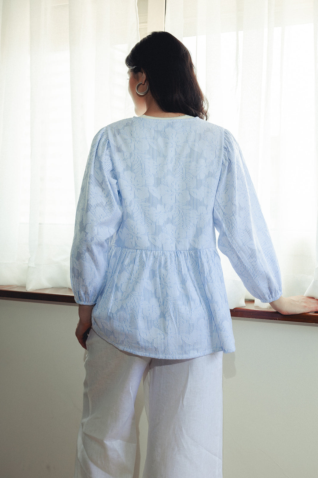 Lace Striped Shirt - Baby Blue
