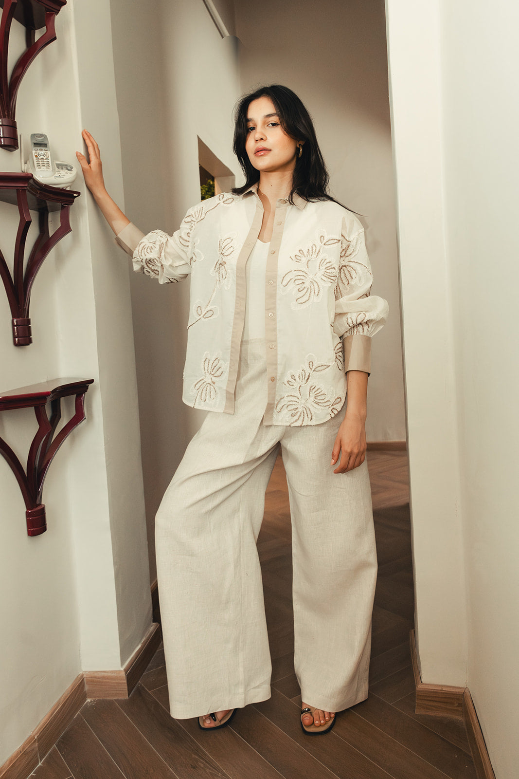 Floral Embroidered Shirt - Beige