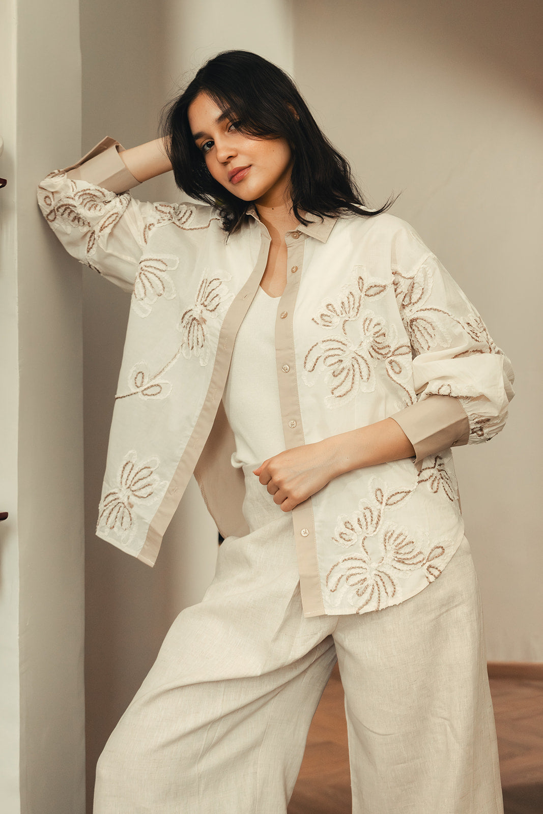 Floral Embroidered Shirt - Beige