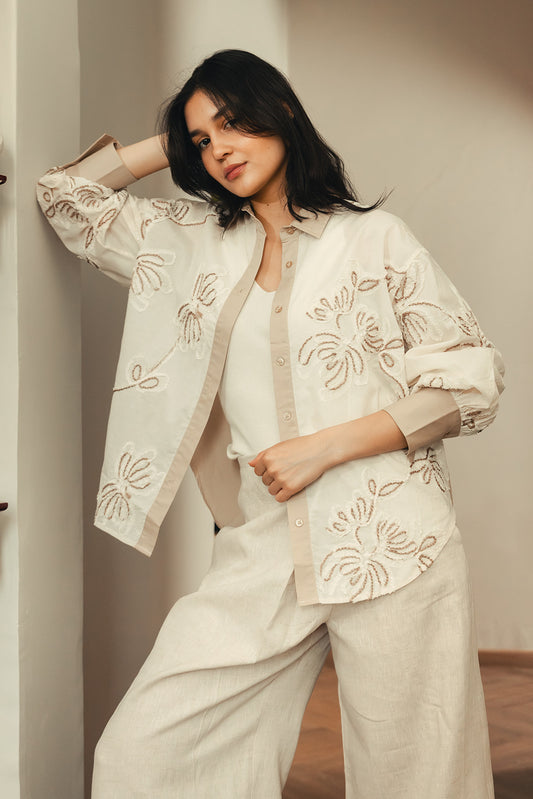 Floral Embroidered Shirt - Beige