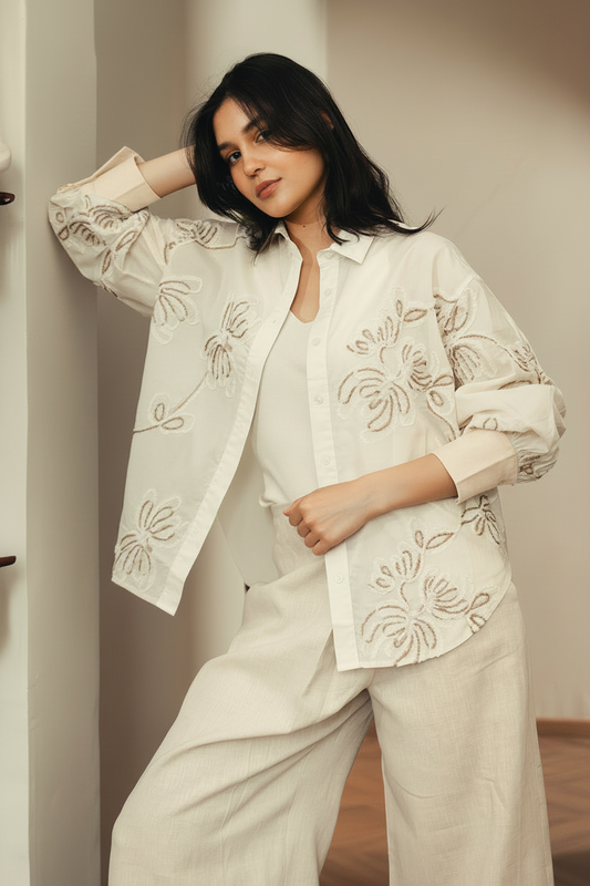 Floral Embroidered Cotton Shirt - White
