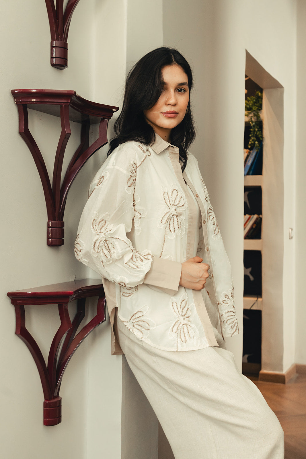 Floral Embroidered Shirt - Beige