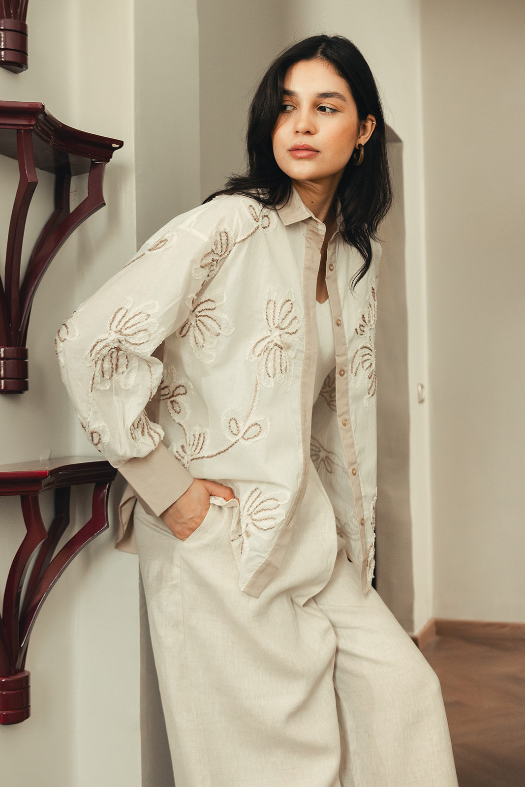 Floral Embroidered Shirt - Beige