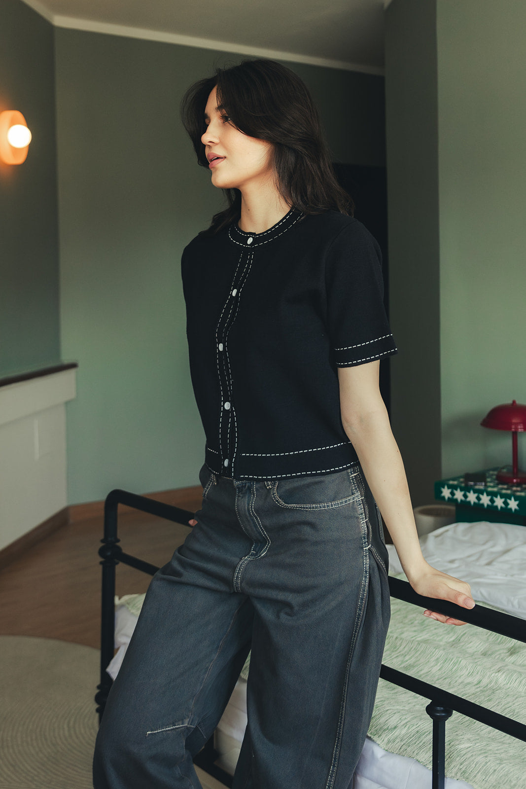 Stitched Knit Top - Black