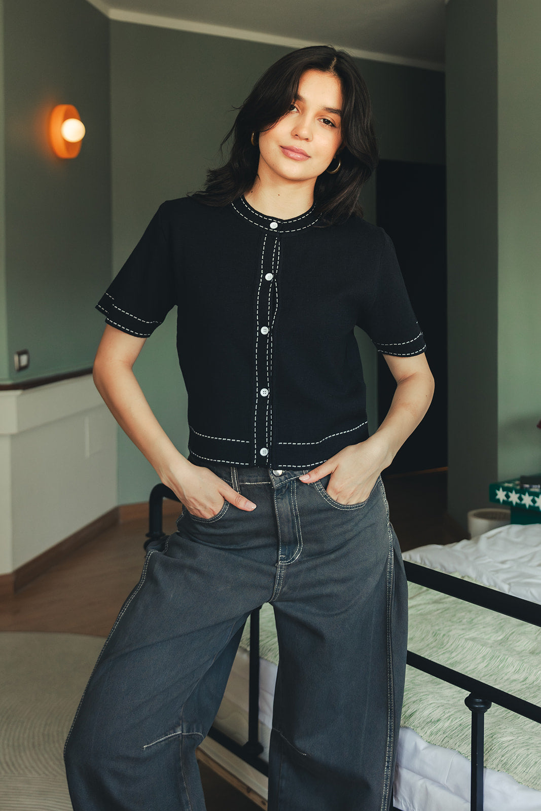 Stitched Knit Top - Black