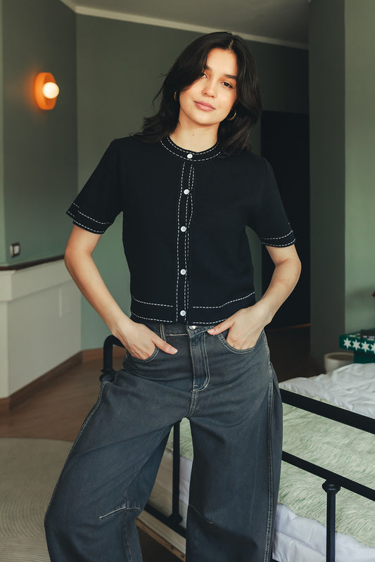 Stitched Knit Top - Black