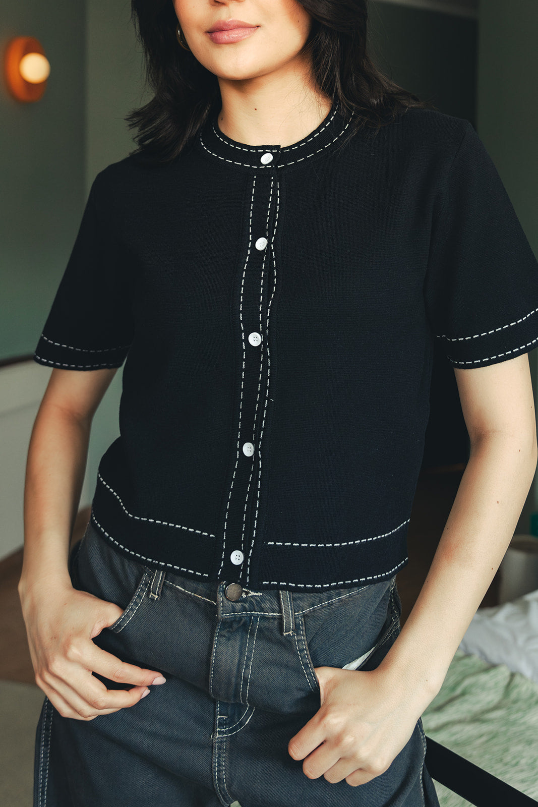 Stitched Knit Top - Black