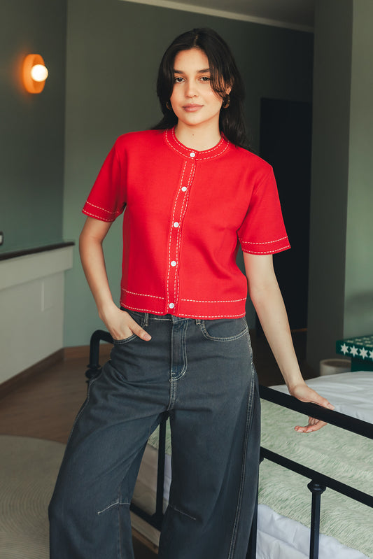 Stitched Knit Top - Cherry
