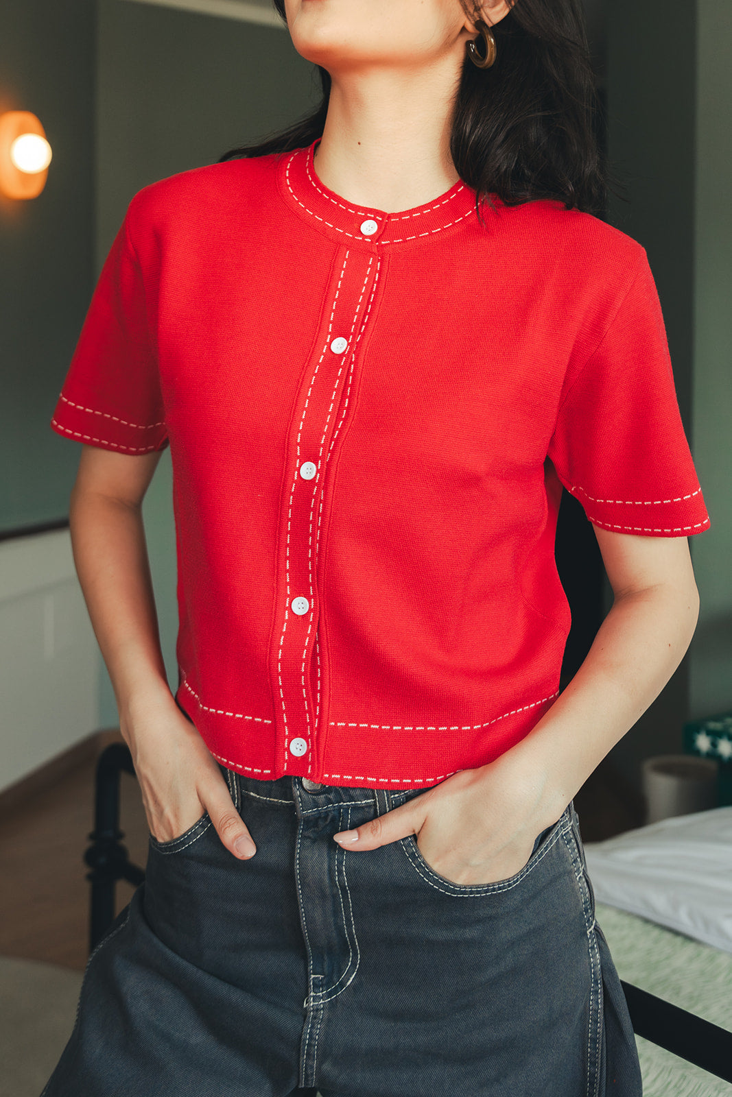 Stitched Knit Top - Cherry