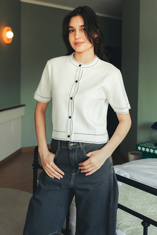 Stitched Knit Top - White