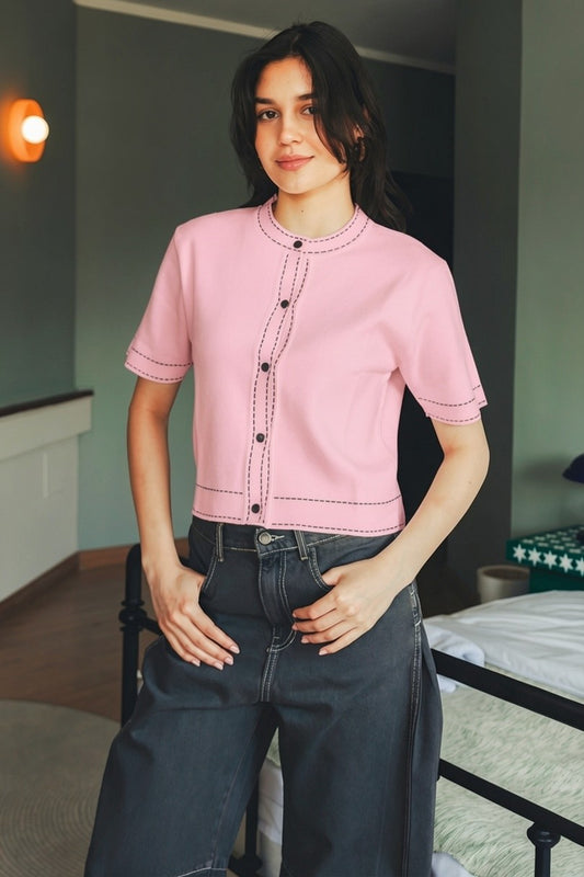 Stitched Knit Top - Pink