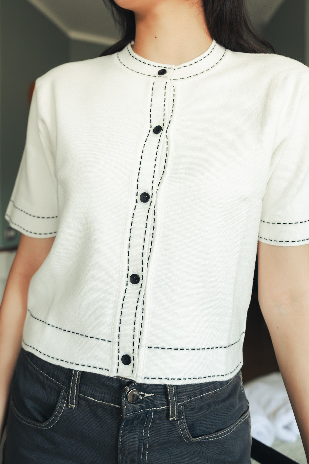 Stitched Knit Top - White