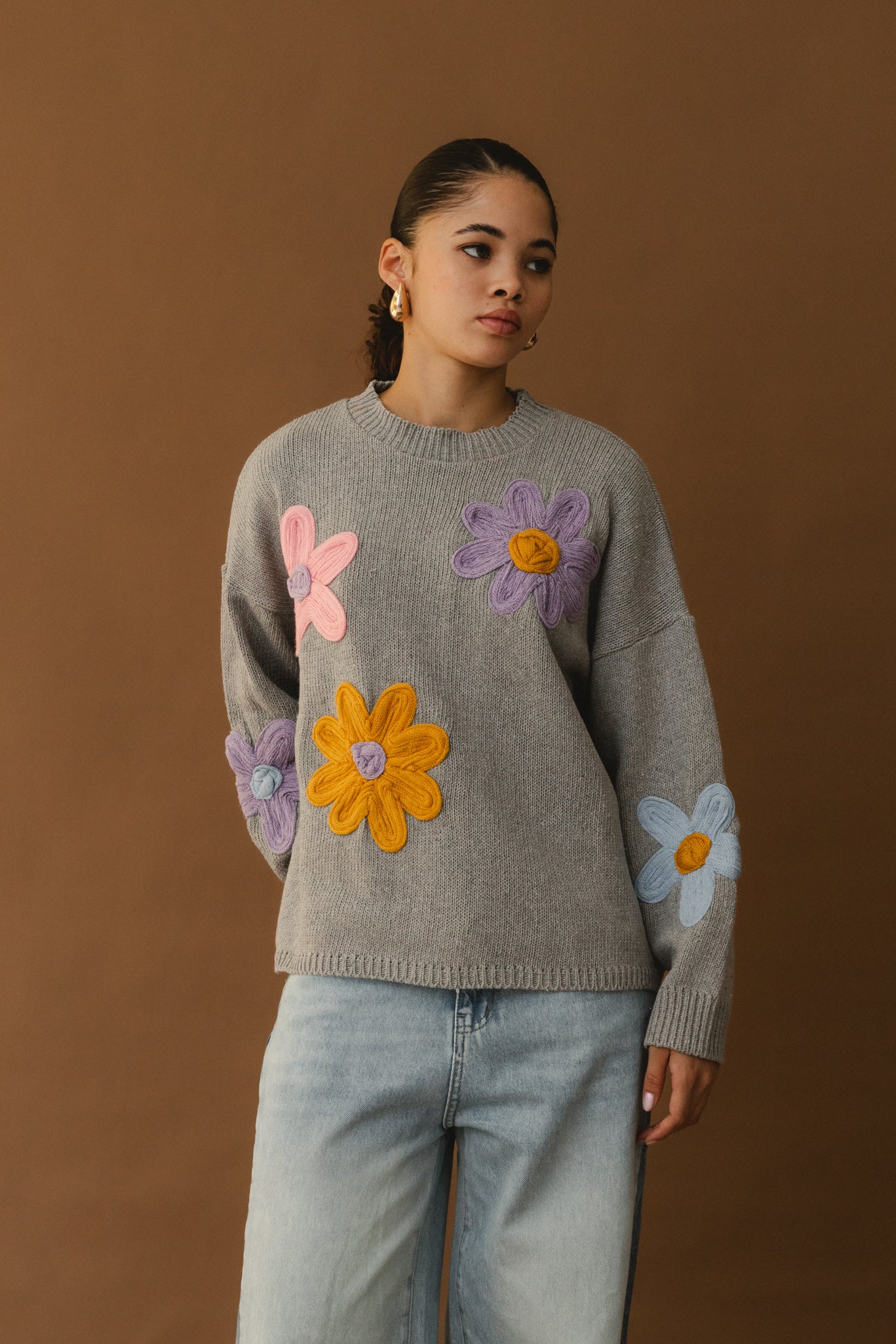 Fun Flower Sweater - Grey