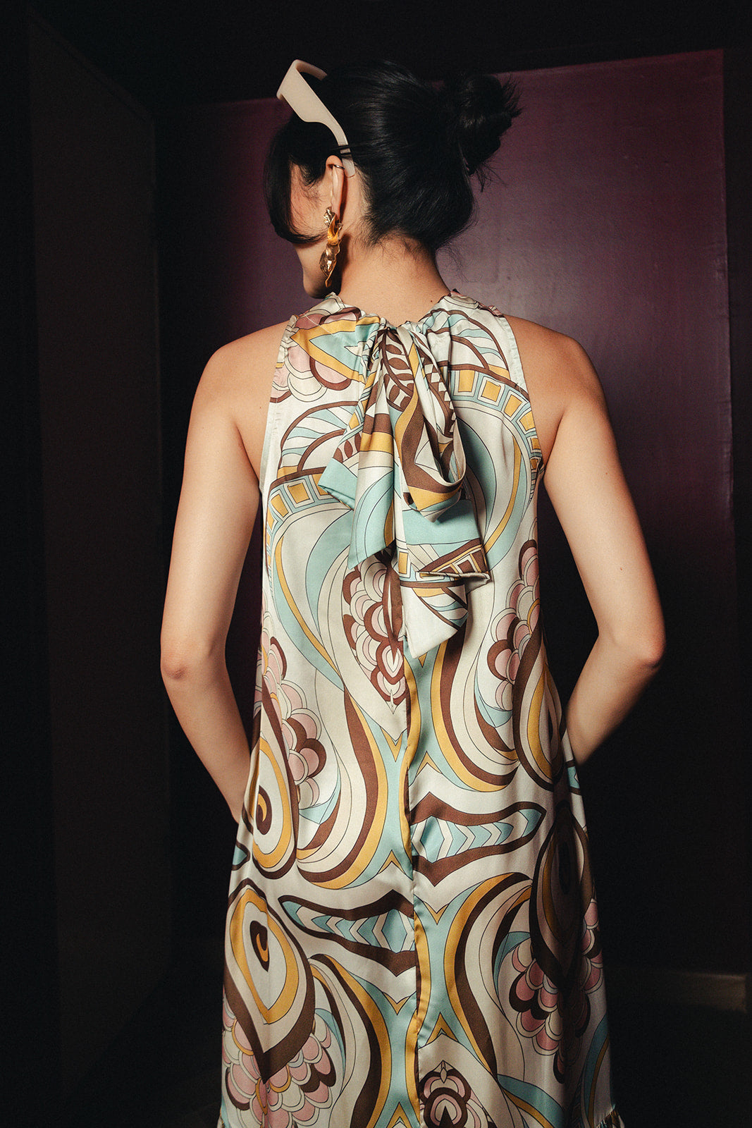 Printed Satin Halterneck Dress