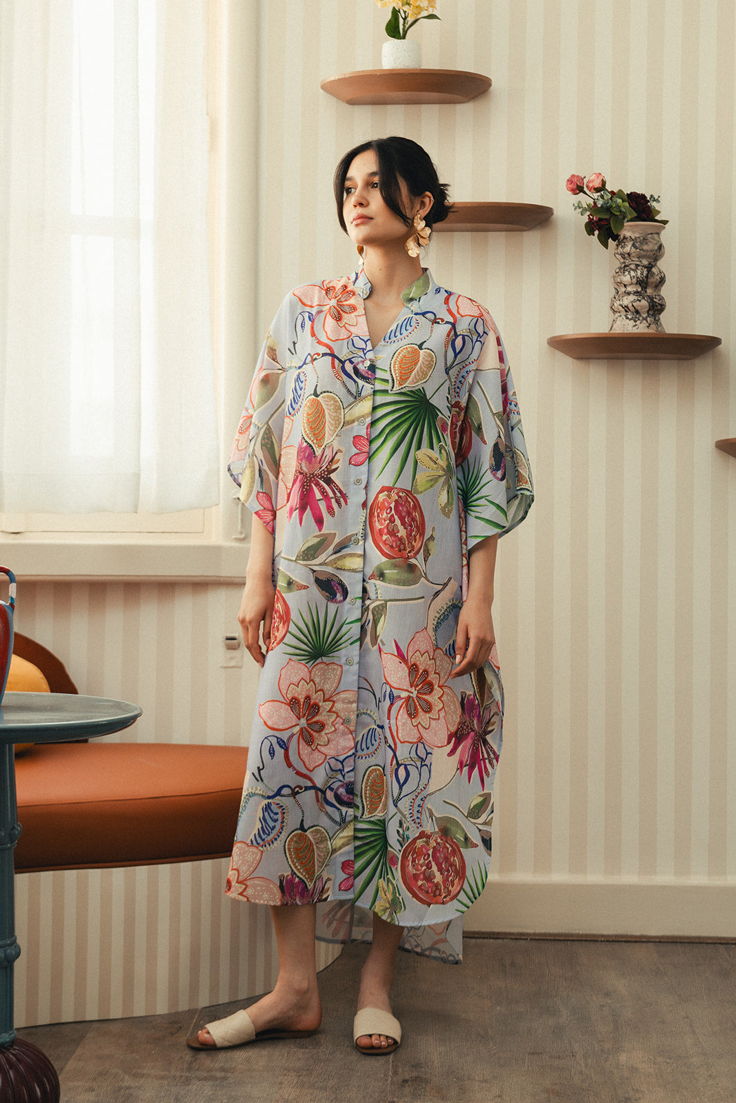 Printed Linen Blend Kaftan Dress