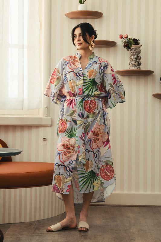 Printed Linen Blend Kaftan Dress