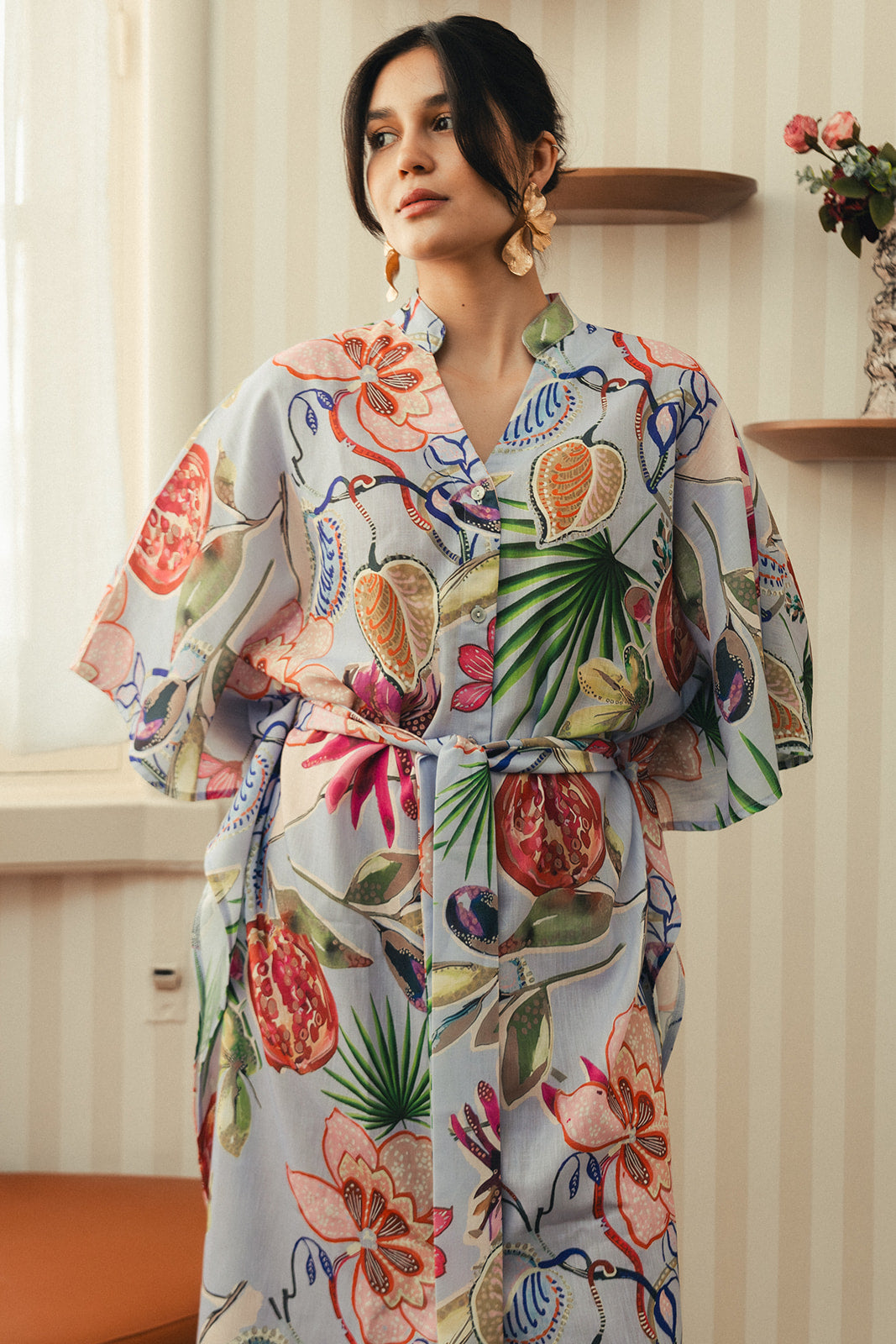 Printed Linen Blend Kaftan Dress