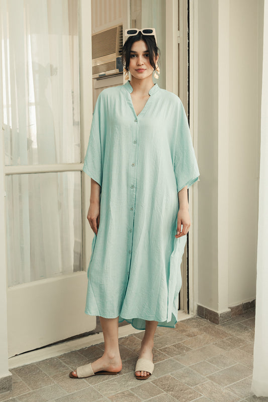Aqua Linen Blend Kaftan Dress