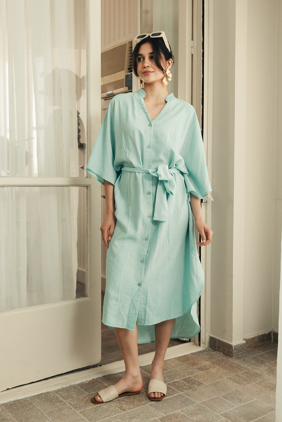 Aqua Linen Blend Kaftan Dress