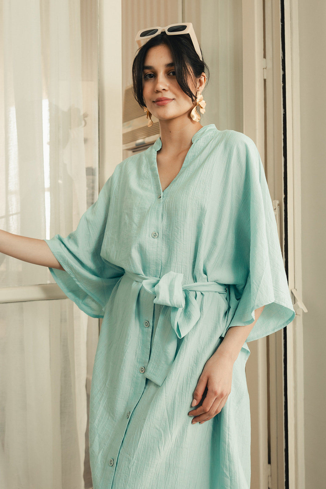 Aqua Linen Blend Kaftan Dress